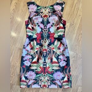 Anthropologie Payal Pretap Black Floral Satin Sleeveless Dress w. Zipper Back